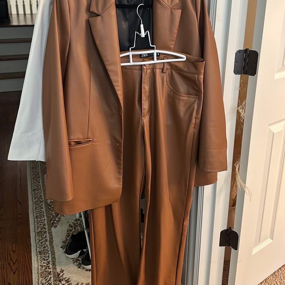 Zara Brown Faux Leather Blazer Jacket - Picture 5 of 5